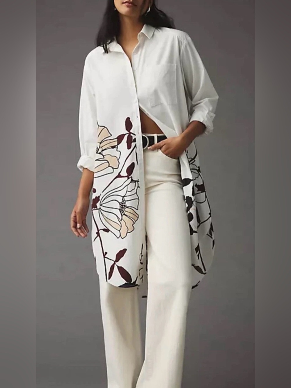Anthropologie Maeve Maxi Tunic Poplin Buttondown Floral Neutral Motif
